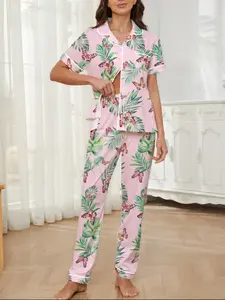 Women's Butterfly Print Pajama Set, Elegant Casual Loungewear, Comfortable Lapel Short Sleeve Top and Wide Leg Pants, Holiday Party Sleepwear