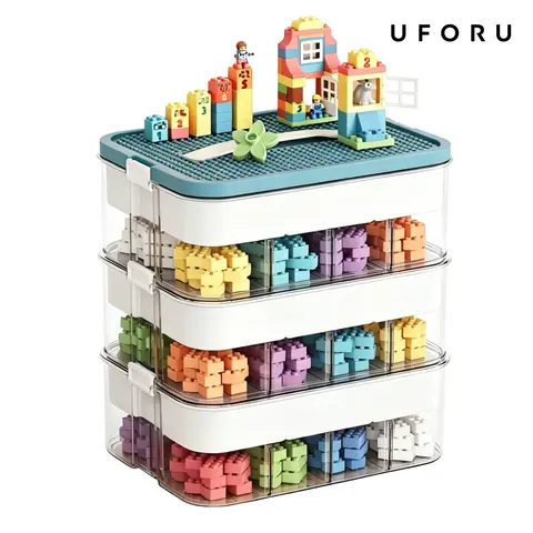 UFORU Modern Rectangle Block-Shaped Storage Box - 3-Tier Stackable Shatter-Resistant Dustproof Plastic Bin with Cover, Adjustable Dividers, Flexible Configuration for Small Bricks, Tiny Toy Parts (Bedroom, Game Room) to Get Organized