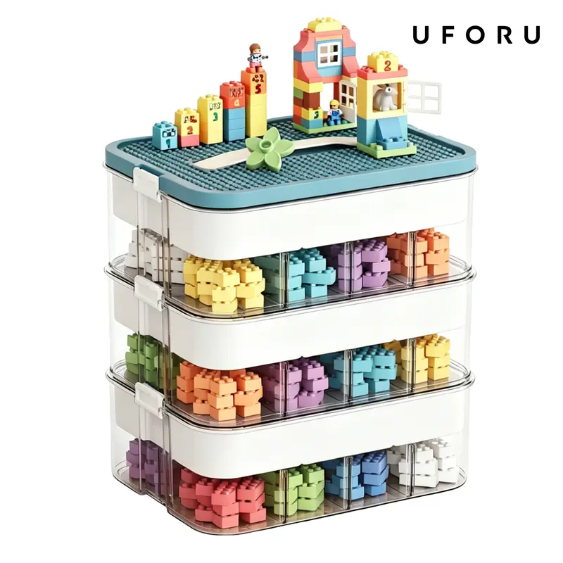 UFORU Modern Rectangle Block-Shaped Storage Box - 3-Tier Stackable Shatter-Resistant Dustproof Plastic Bin with Cover, Adjustable Dividers, Flexible Configuration for Small Bricks, Tiny Toy Parts (Bedroom, Game Room) to Get Organized