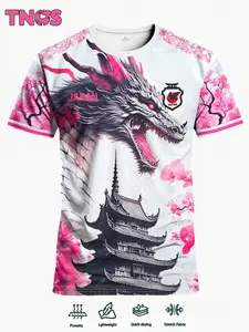 Men's Japan Style Soccer Jersey, Dragon & Cherry Blossom Art Print, Short Sleeve Football Shirt, Casual Wear for All Seasons