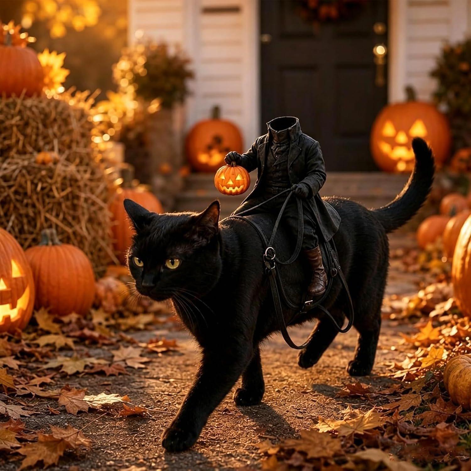 Halloween Cat Costume, Headless Horseman 3D Riding Illusion Pet Harness, Pumpkin Rider Outfit for Small Dogs & Cats, Funny Spooky Halloween Pet Clothes
