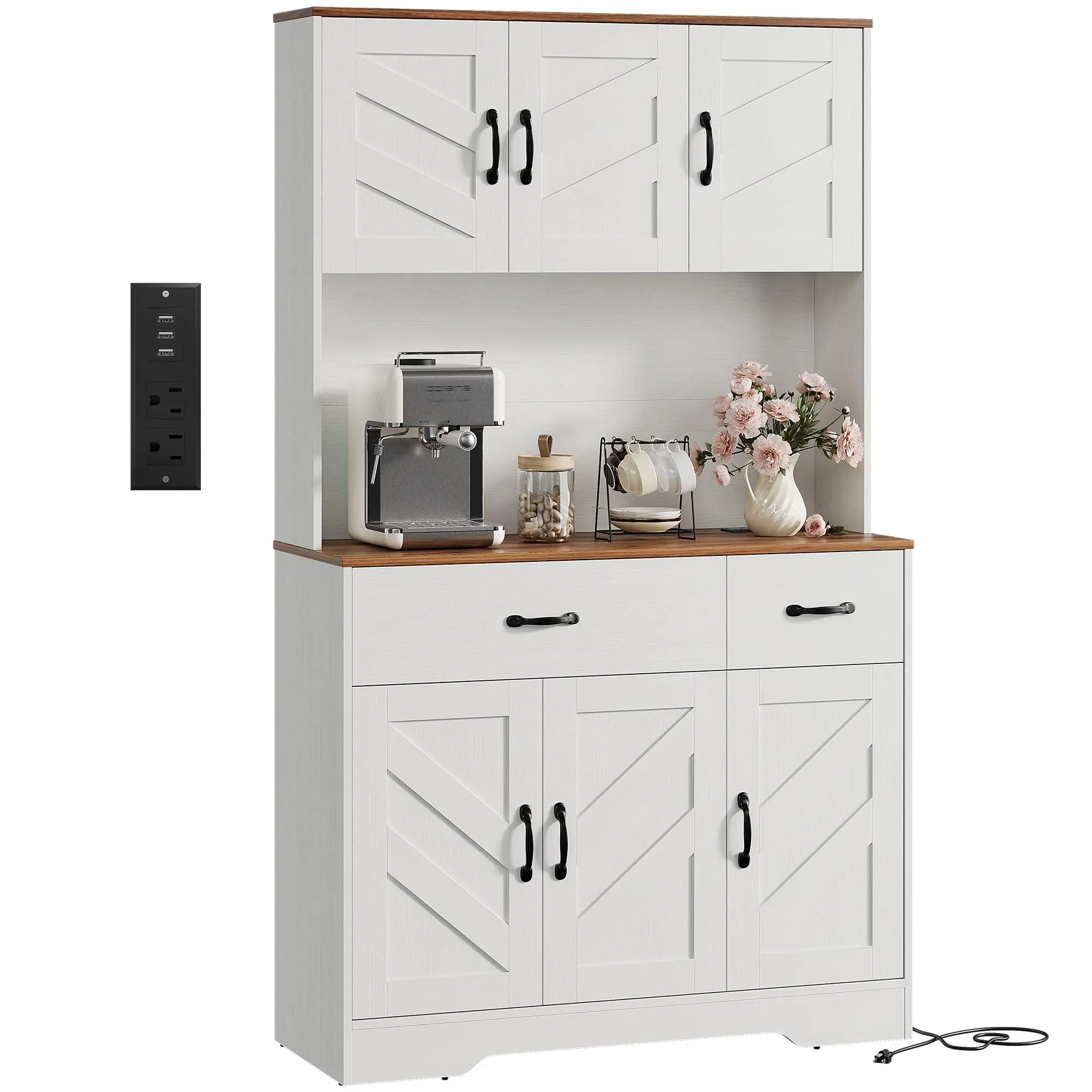 Gaomon 71in High-Density Wood Rustic Farmhouse Kitchen Pantry Storage Cabinet - Sturdy Panels, Neutral Finish, Sliding Barn Doors, USB Charging Ports, 2 Drawers, Adjustable Microwave Stand, Reinforced Hardware, Kitchen-Entryway Furniture