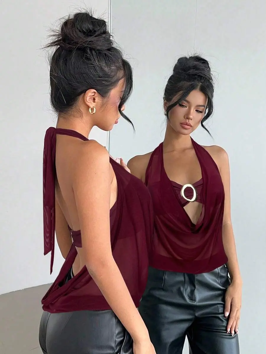 Aurelle Women's Burgundy Halter Backless Top, Plunging Neck Semi-Sheer Metal Decor Top,70s Retro Summer Club Night Party Vacation Street Chic,Wine Red
