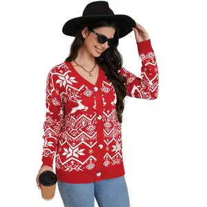 Clearlove Womens Christmas Cardigan V Neck Button Down Long Sleeve Open Front Cardigan Sweaters Knitwear Snowflake Elk Pattern Red L