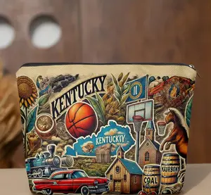 Linen Material Cosmetic Bag - Double-Sided Kentucky Symbols Print (Basketball, Music), Zipper Closure, Multi-Functional Organizer for Makeup Pencils, Ideal Gift for Friends