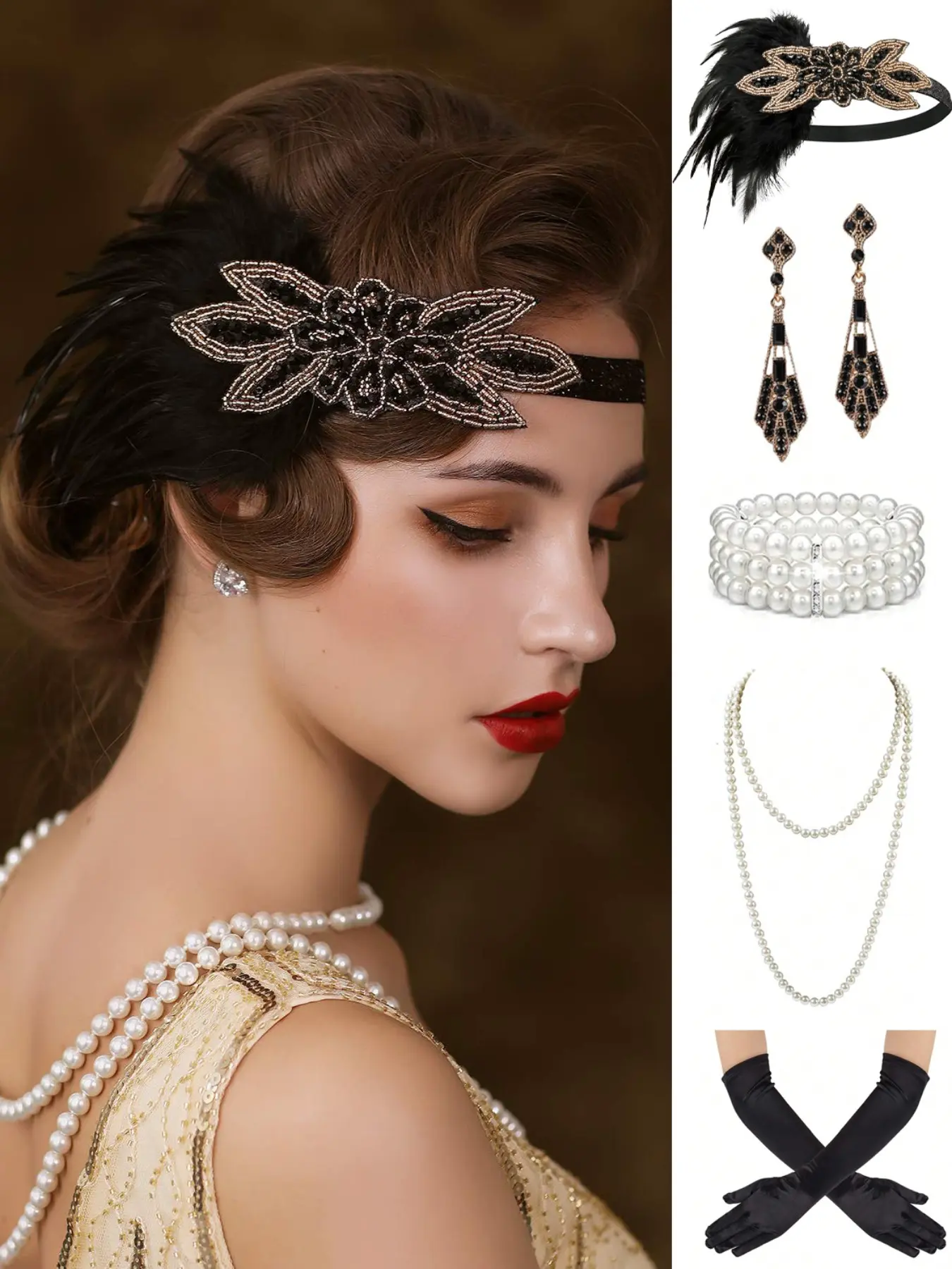 5pcs 1920s Jazz Age Flapper Gatsby Sparkling Elegant Costume Accessories Set 20s Artificial Flapper Feather Headband Vintage Pearl Necklace Gloves Rhinestone Earrings Party Headpiece for Women Fashion Jewelry Set Glamour Set Fashionable Jewelry Set
