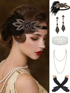 5pcs 1920s Jazz Age Flapper Gatsby Sparkling Elegant Costume Accessories Set 20s Artificial Flapper Feather Headband Vintage Pearl Necklace Gloves Rhinestone Earrings Party Headpiece for Women