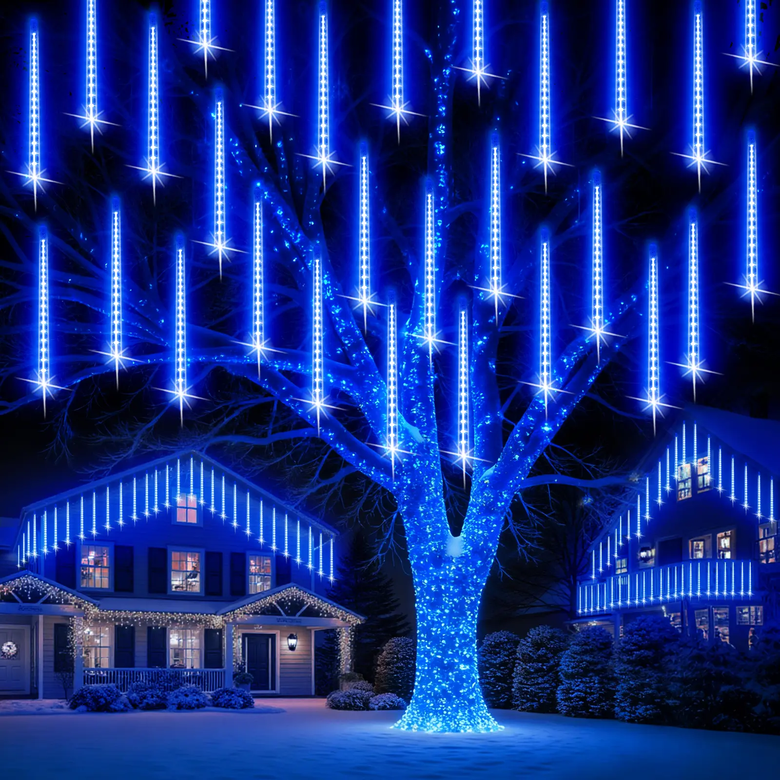 PEMOTech Indoor/Outdoor Decorative Light,Garden LED Light ,24tubes 576 Led Meteor Shower Lights, Waterproof Christmas Decorations Icicle Light for Christmas Trees Halloween Party, Ul Plug
