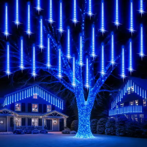 PEMOTech Transparent Multicolor Waterproof Meteor Shower Icicle LED Lights - 24-Tube 576-LED Outdoor Cascading Lights with UL Plug, for Christmas Decorations, Party Decoration Supplies, Home Improvement