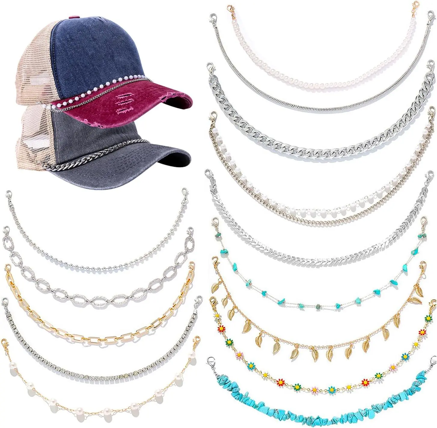 14 piece detachable hat chain set - can mix and match chains, versatile, suitable for daily leisure, travel, and parties