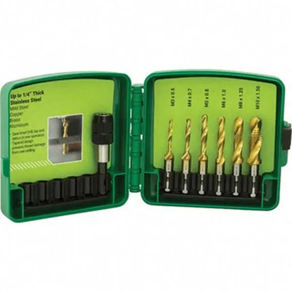 Greenlee Combination Drill & Tap Set, Model DTAPSSKITM, with Thread Sizes: M3x0.50 mm (Minimum), M10x1.50 mm, 3/8-16 in (Maximum)