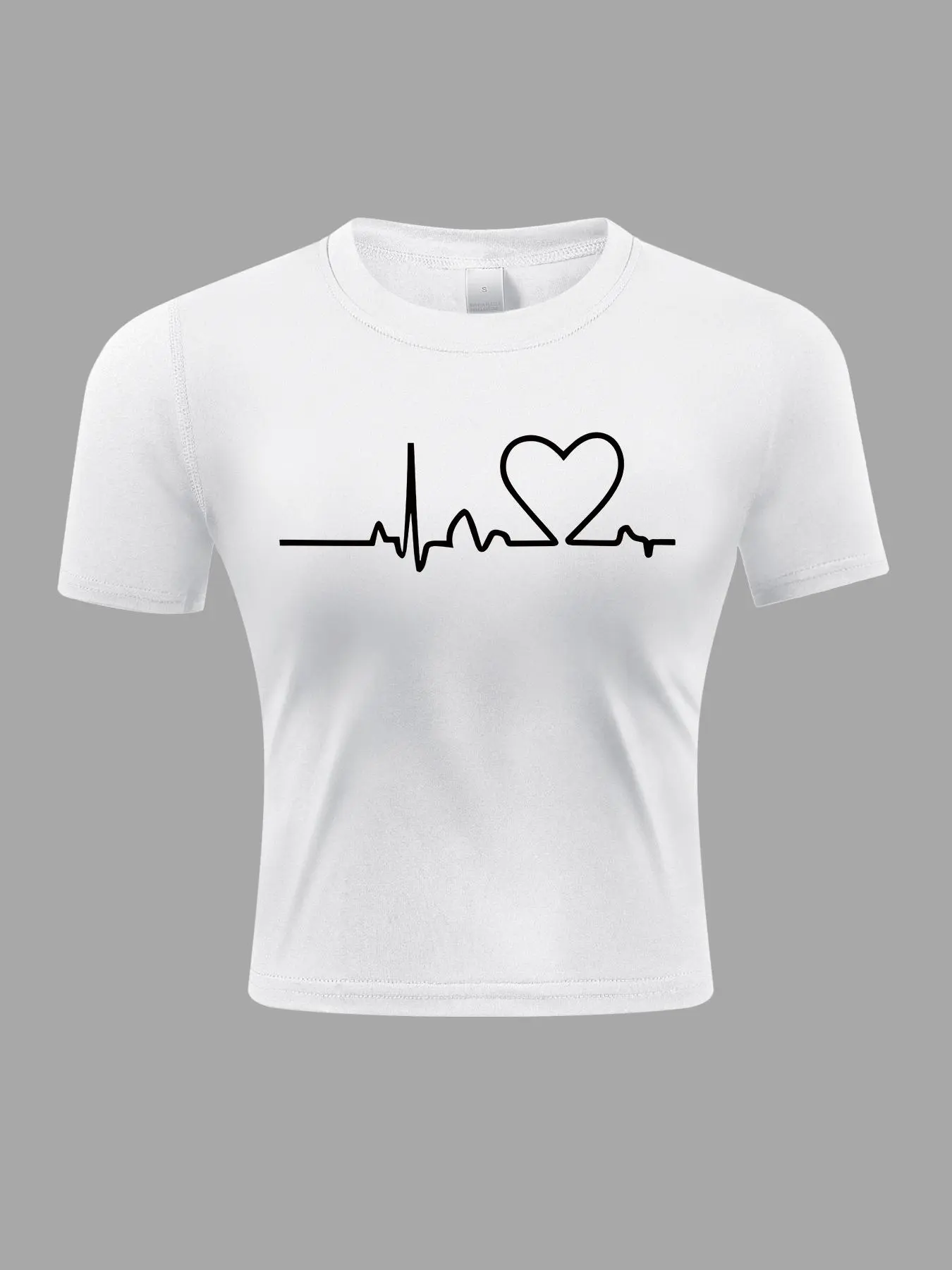 Women's Heartbeat Print Round Neck Sports Tee, Casual Sporty Short Sleeve T-shirt for Yoga Running Gym Training, Ladies Summer Sportswear