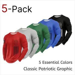 Men's 5-Pack Long Sleeve T-Shirt Set - American Flag Vertical Design, Quick Dry Breathable Athletic Mesh Shirt for Gym Sports Casual Wear Spring Fall