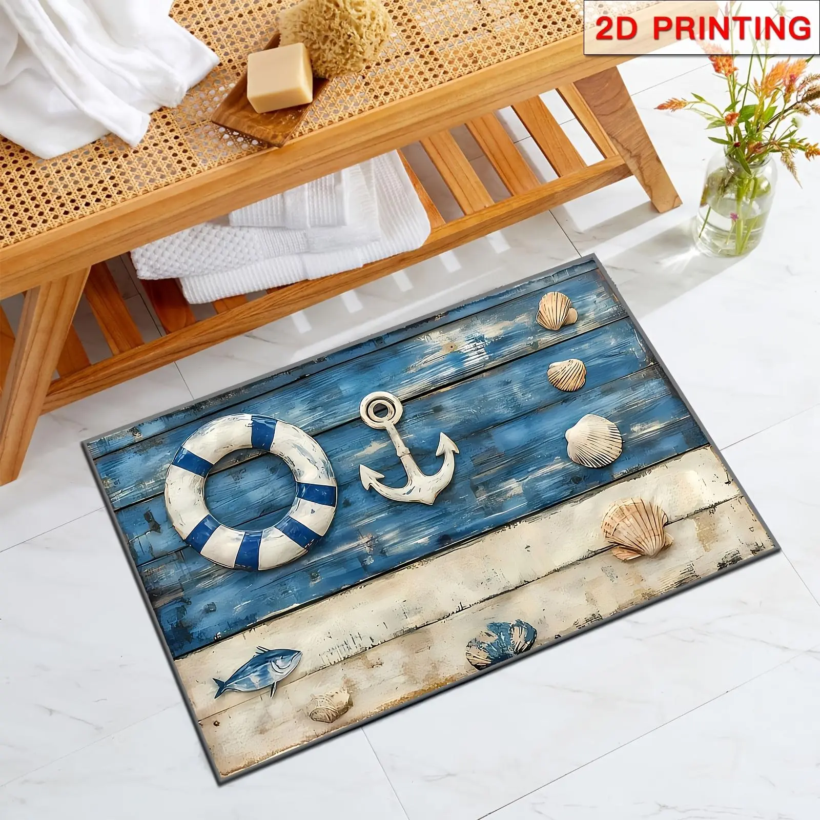 1-Piece 2D Flat Nautical Blue and White Seashell Pattern Doormat - Non-Slip, Washable Indoor Outdoor Rugs with Maritime Look, Ideal for Doorway Areas & Nautical Theme Spaces