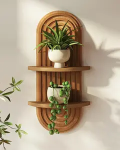 Boho 2 Tier Floating Wall Shelf Wood Bamboo Decor