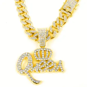 Shiny Cuban Necklace for Women - Queen Pendant, Ice Cuban Chain, Hip Hop Miami Style, 1pc Jewelry Gift