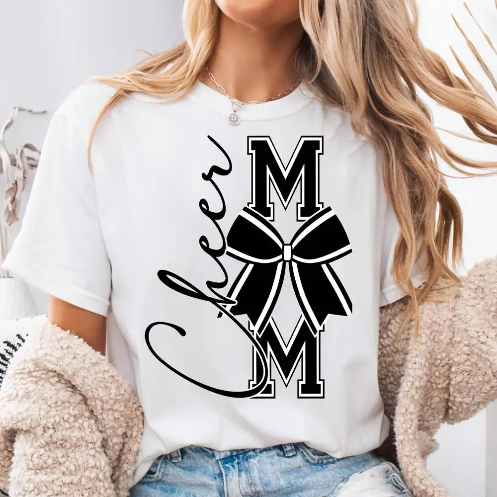 Cheer Mom Bow Graphic Print, Women's T-Shirt, Cheerleading Spirit Wear, Game Day Casual Outfit