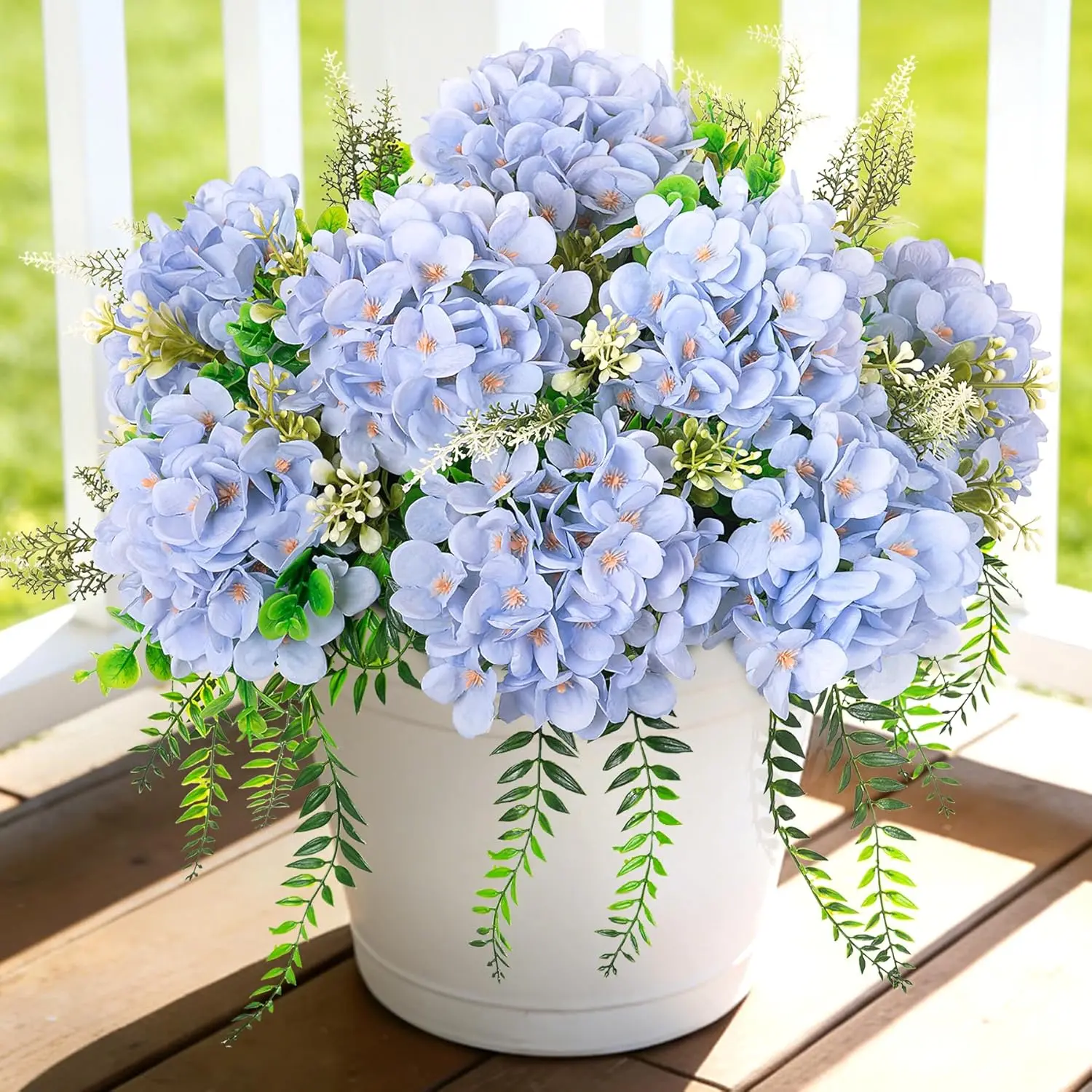 8 Pcs Artificial Hydrangea Flowers Silk Blue Fake Flower with Eucalyptus for Outdoor Decorations UV Resistant Realistic Faux Plants for Garden Porch Window Box Indoor Table Decor