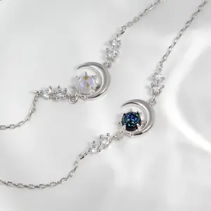 Dainty Crescent Moon Bracelet, 925 Solid Sterling Silver Unique Elegant Blue Purple Opal Stone Moon Bracelet, Rose Gold & Gold Celestial Moon Bracelet Cute Gift for Her Mom Sister Girlfriend Graduation Christmas Birthday