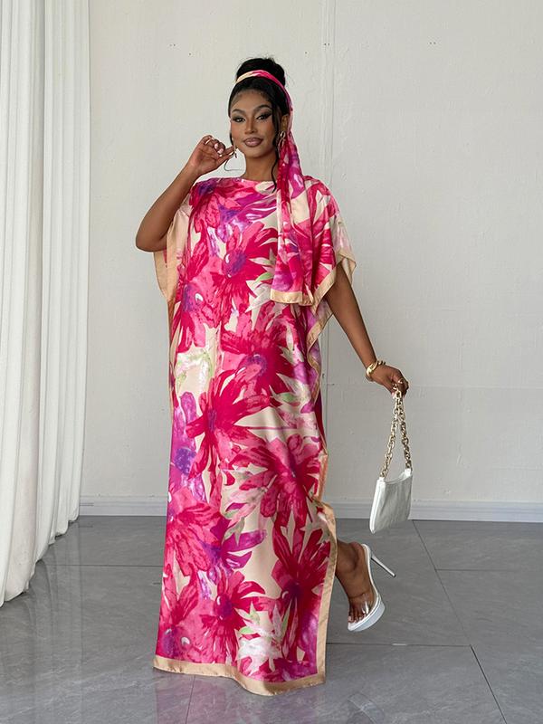 Dress+1 Scarf,Women's Fashion Print Long Robe Set, Moomoo Dress + Scarf Headband, Casual Woven Fabric, Thin All-Season Wear, Beach Sun Protection