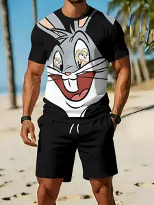 Men's 3D Digital Printed Two-Piece Set with Cute Big-Face Rabbit Pattern, Round Neck, 2Pcs, Trendy & Stylish Outfit, Retro Casual Two-Piece Suit, Vacation-Style Tropical Fashion Wear, Breathable Sports Casual Style, an Ideal Festival Gift for Men