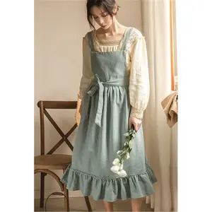 Women Cotton Cross Back Vintage Ruffle Apron for Garden Cooking Aprons Adjustable Kitchen Linen Hand Strap Wife Household(BLUE)