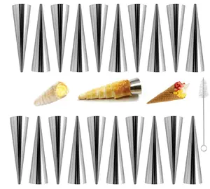 20Pcs Large Conical Cream Horn Molds, Non-stick Cream Horn Molds Stainless Steel, 5 inch Large Size Cannoli Tubes Kit Pack of Baking Cones Pastry Roll Horn Croissant Mold With brush
