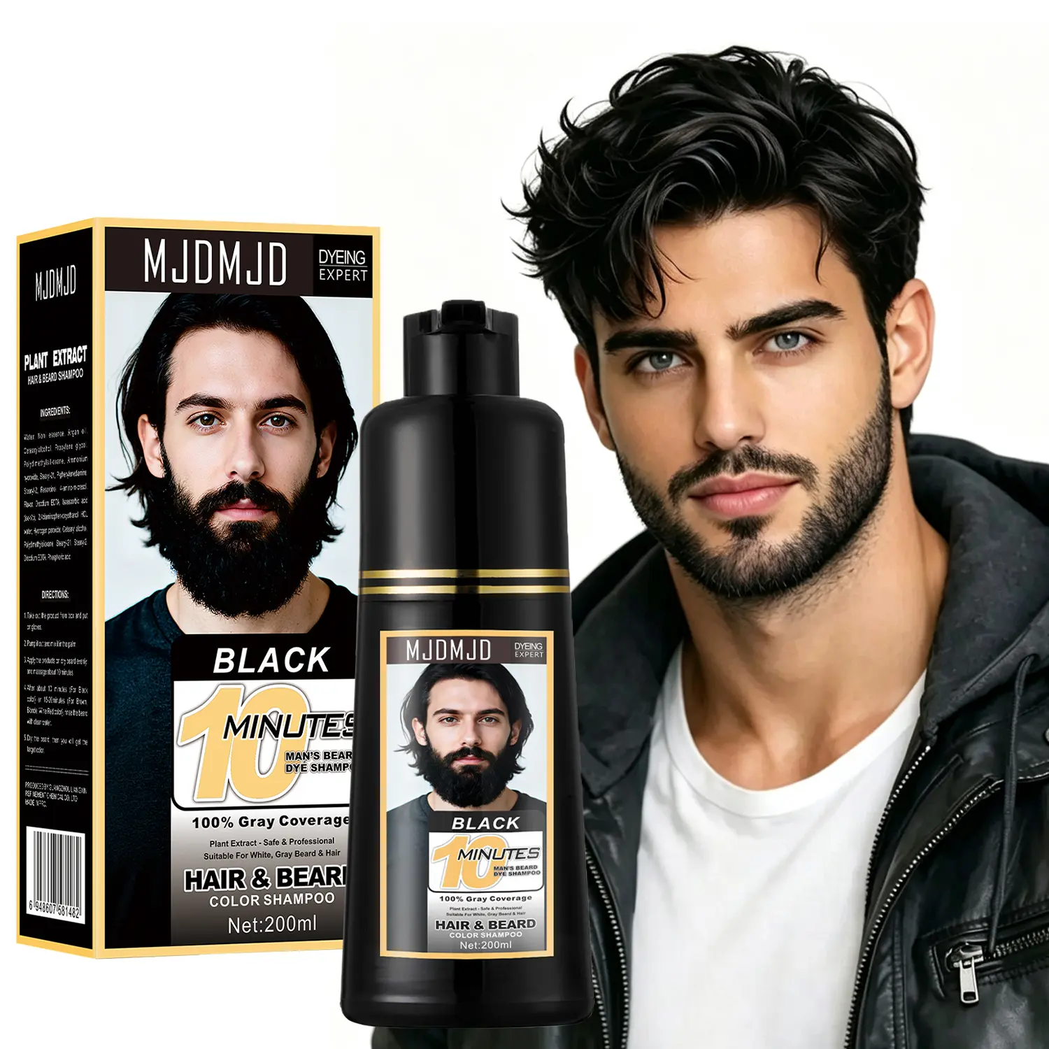 3-in-1 Black Hair & Beard Dye Shampoo 200ml for Men, Gray Coverage Hair Color, Root Touch Up for Hair, Beard & Mustache, Ammonia-Free, Easy At-Home Coloring