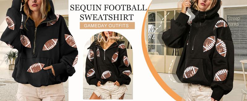 Ommig Women Oversized Game Day Hoodies Long Sleeve Half Zipper Pullover Sequins Football Print Sweatshirt with Kangaroo Pocket