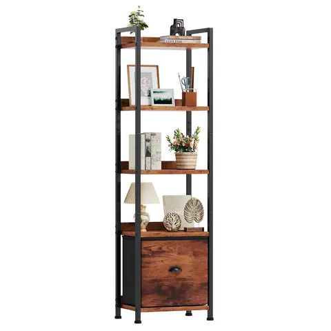 Sweetcrispy Sturdy Contemporary Wood-Metal Bookshelf with Drawers - Slim Rustic Design, Soft-Close Fabric Drawers, Adjustable Feet, Tall Narrow Storage Organization, Apartment Furniture for Small Spaces, Shelves for Bedroom, Nursery Decor