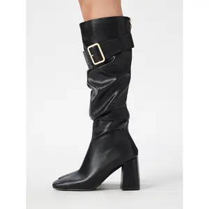 Cider SQUARE TOE PLEATED CHUNKY HEELED KNEE HIGH BOOTS