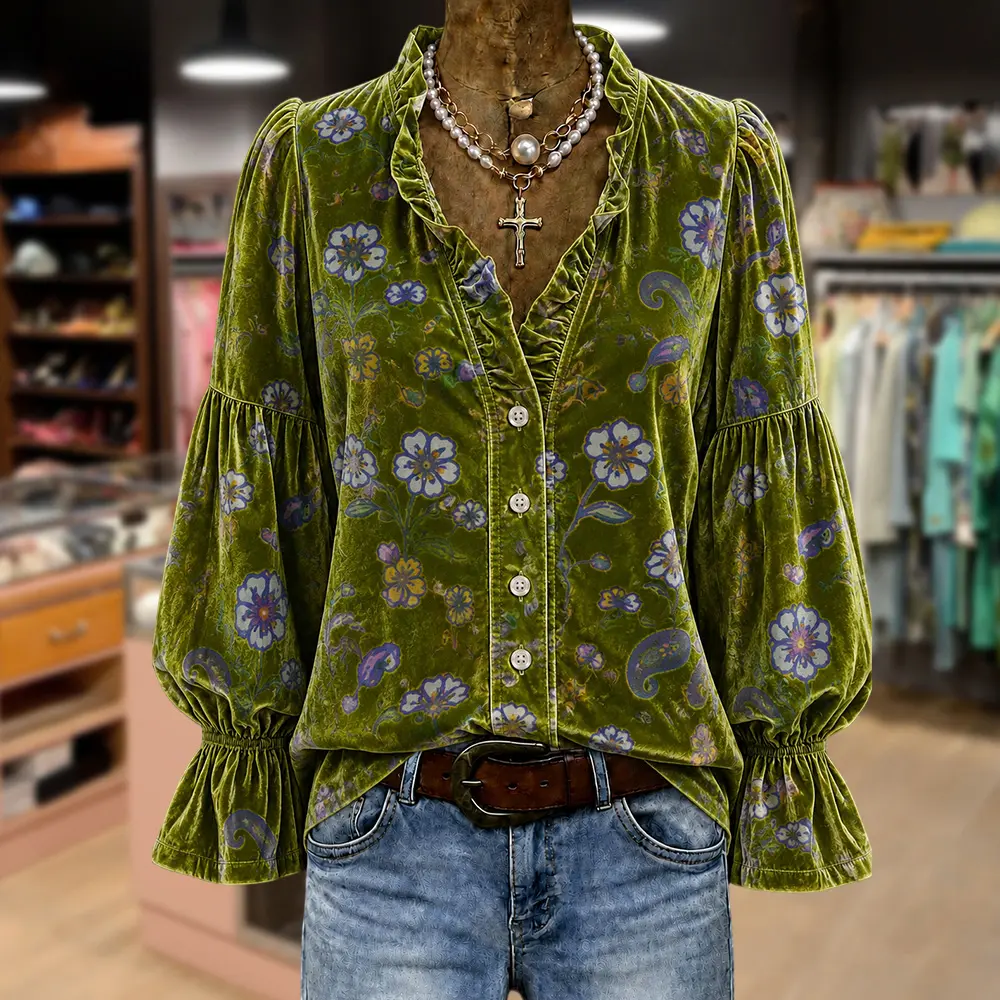 Cherrybetty Vintage Floral Paisley Print Ruffle Neck Puff Sleeve Velvet Blouse Going Out Tops Fall Tops Plussize Clothes For Women Fall Clothing Women 2026 Shirts Womenswear