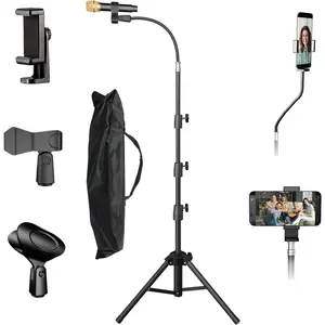 Microphone Stand Floor Boom Mic Stand with 360° Ball Head Tablet Holder, Two Mic Clips for Singing, Portable Mic stands Adjust Hight From 17” to 83” for Studio, Stage, Karaoke, DJ, Kids