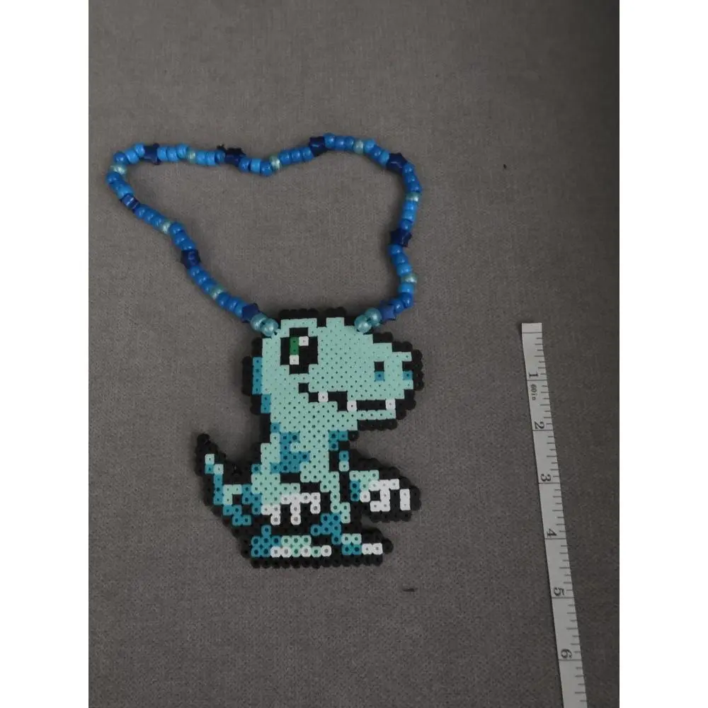 Handmade Perler Bead Necklace with Blue and Green Dinosaur Design, Perfect for Kids and Adults