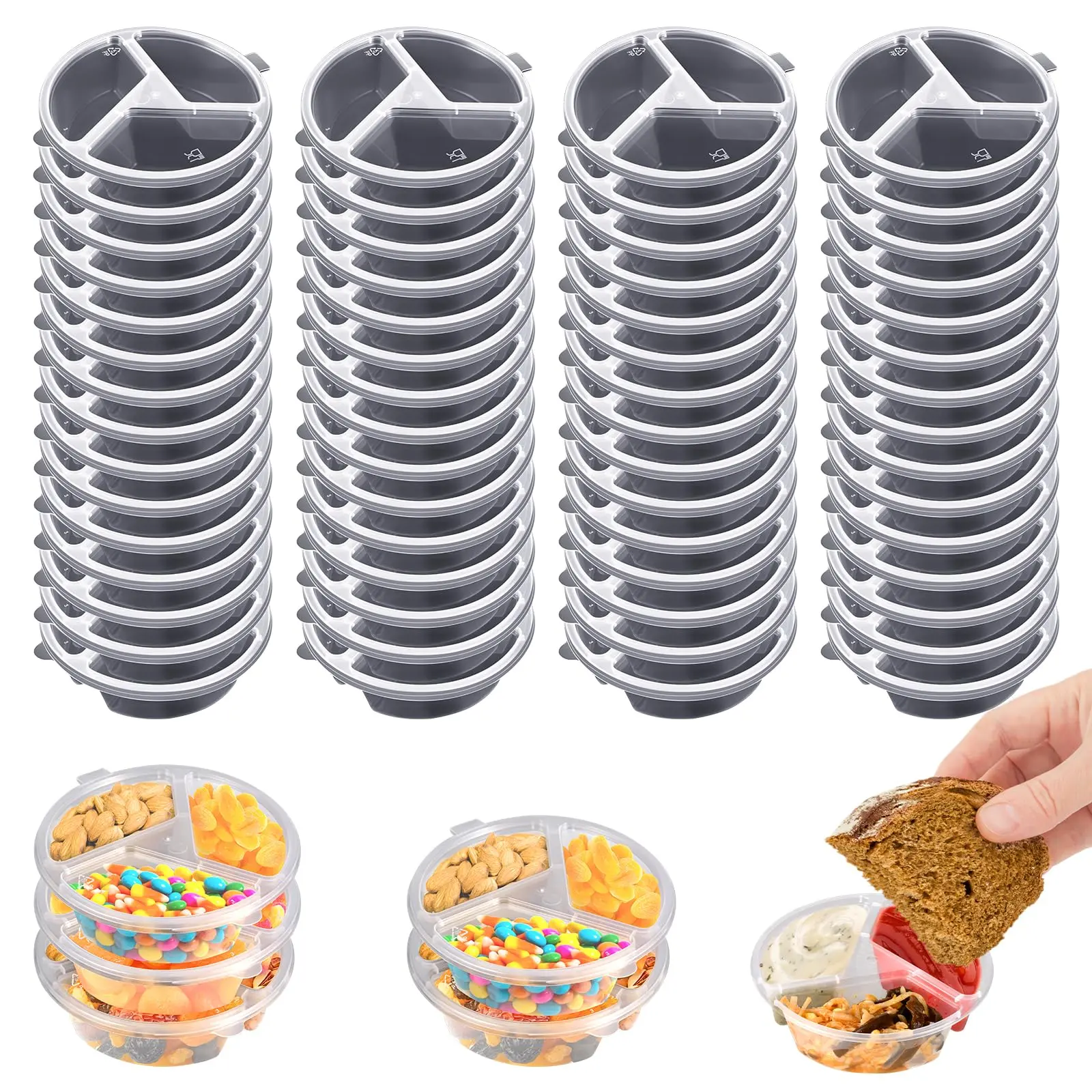Disposable Plastic Condiment Cups with Leak-Proof Lid Seal - 30-Piece, 3-Compartment, 5oz Food Grade Stackable Containers Set for Salsa, Dips - Home & Festive Party Disposable Tableware, Disposable Cups