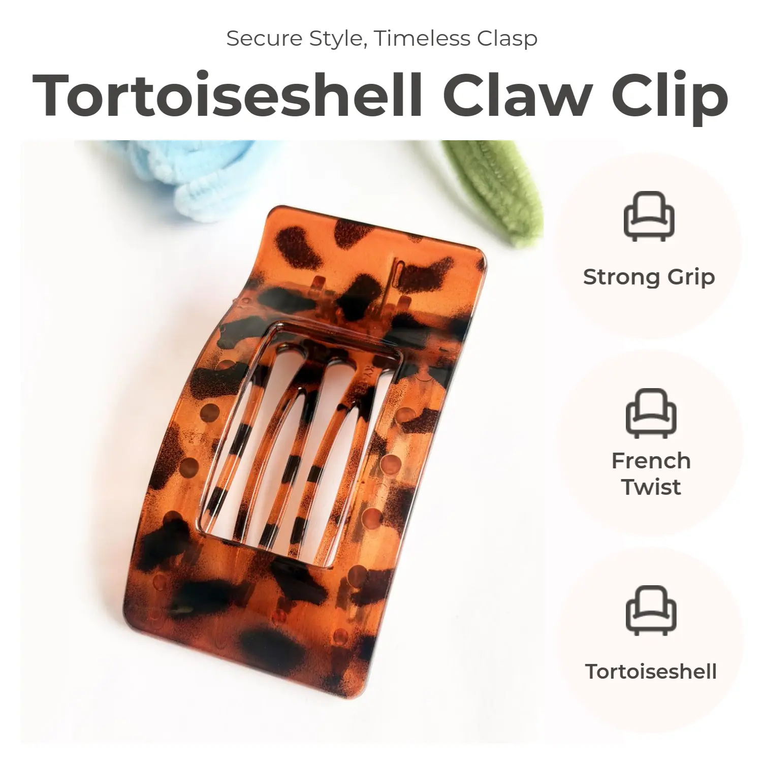 Classic Tortoiseshell Rectangle Hair Claw Clips - Strong Grip Flat Accessory for Thick/Thin Hair, French Twist Styling, Hairstyles Ideas for Effortless Updo