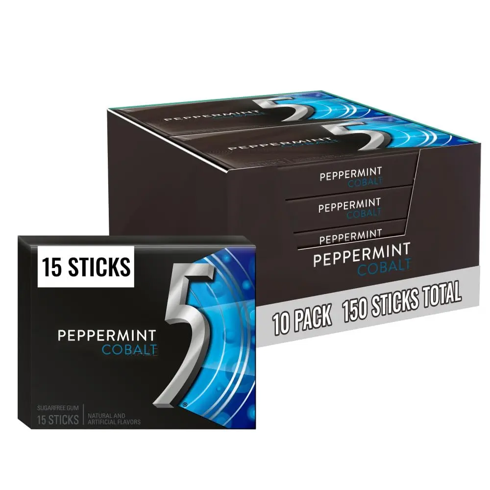 5 GUM Peppermint Cobalt Sugar Free Chewing Gum Bulk, Stimulate Your Senses While Listening to Music, Mini Purse Essentials, Travel Essentials, 15 Sticks (Pack of 10), Wrigley, Solid