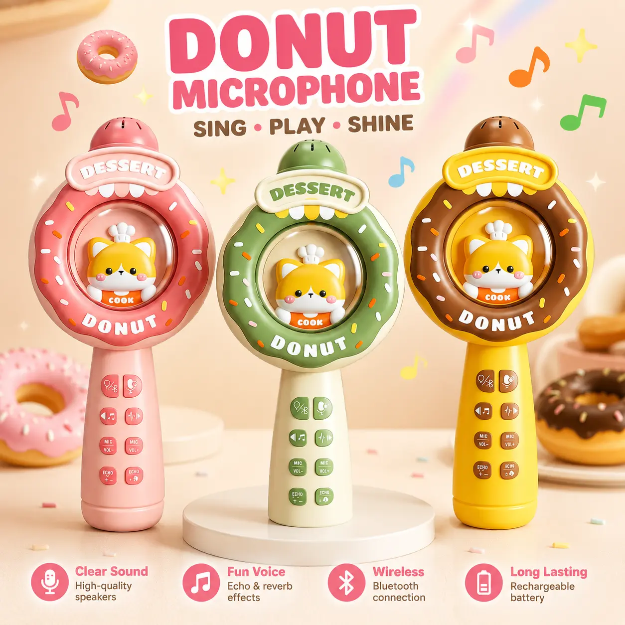 Cute Donut Cat Kids Karaoke Microphone – Bluetooth Wireless Singing Toy with Voice Changer for Toddlers, Fun Musical Gift for Little Performers, Fun Gifts, Little Gifts for Girls & Cute Girly Gifts