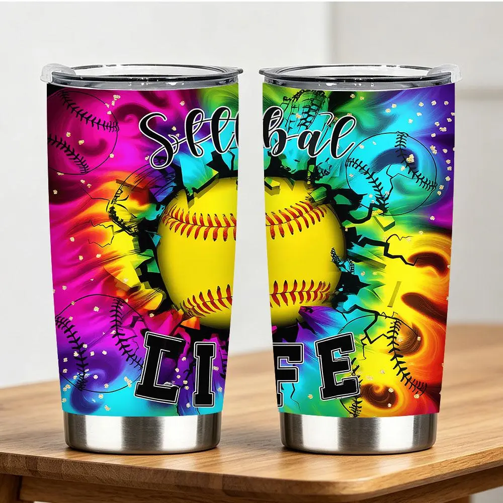 1Pc Softball Life Printed Stainless Steel Tumbler (12oz/18oz/20oz/22oz/30oz/40oz) - Vacuum Insulated Drinkware Gear, Travel Coffee Mug with Handle & Straw Lid, Leakproof Sports Water Cup for Daily Use