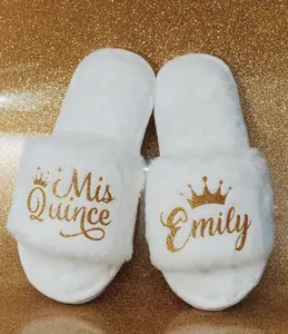 Personalized Fluffy Slippers for Quinceanera & Birthday Gifts - Custom Name Embroidery, Cotton Material, Elastic Band, Soft Insole, All Seasons Footwear