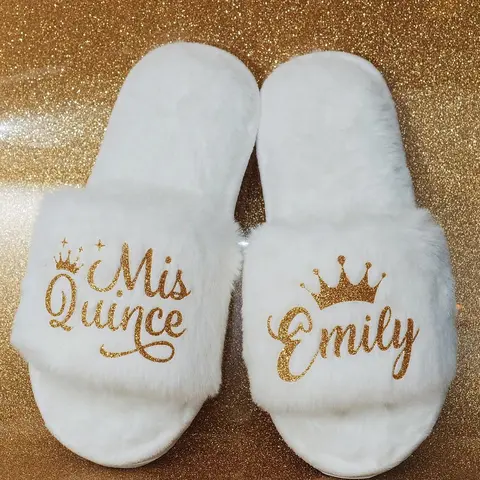 Personalized Fluffy Slippers for Quinceanera & Birthday Gifts - Custom Name Embroidery, Cotton Material, Elastic Band, Soft Insole, All Seasons Footwear