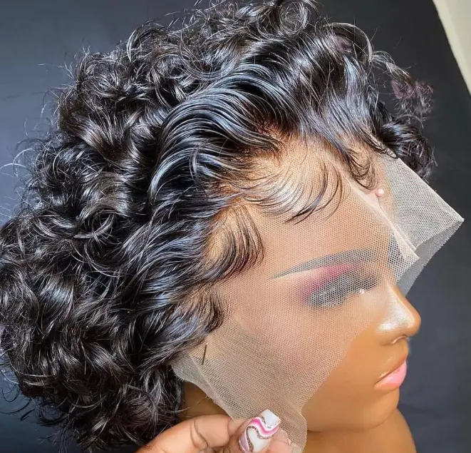 13×4 Lace Front Pixie Cut Wig Human Hair for Black Women,120% Density Loose Curly Wig with Curly Edges, Natural Black, 5 inch