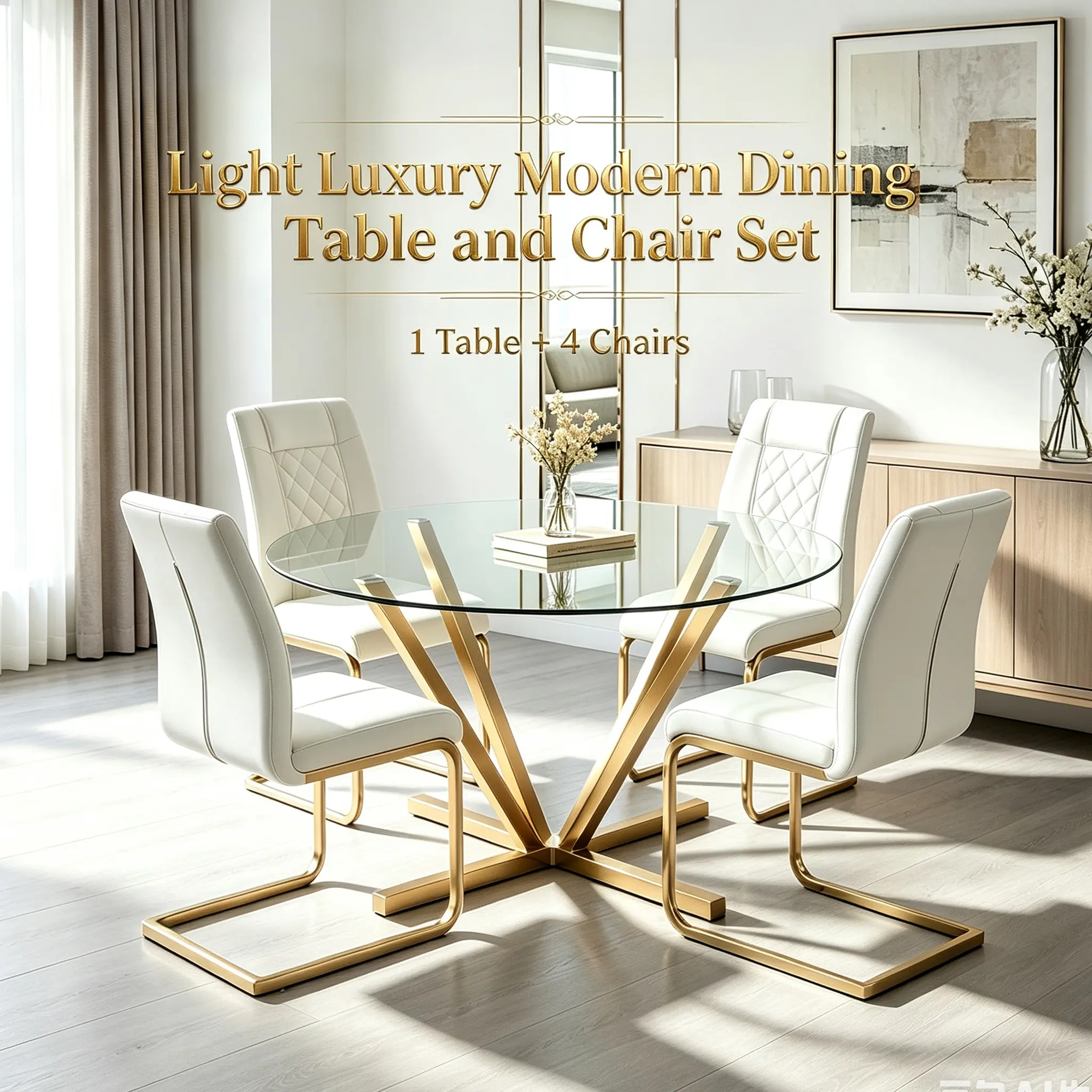 Elegant 5-Piece Round Glass Dining Set, 4 High-Back PU Chairs, Sturdy Gold Legs, Modern Space-Saving Kitchen/Dining Furniture for Apt, White/Gold