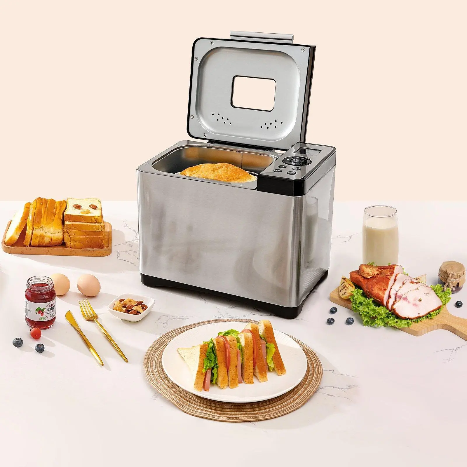 【Backtoschool】Automatic Breadmaker, 2LB Compact Kitchen Bread Maker with 19 Function Programs, Nonstick Ceramic, 3 Crust Colors, Suitable for 1-2 People, 0-15 Hour Delay Start