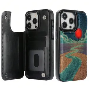 Creative Retro Painted Red Sun and River Pattern Leather Card Holder Phone Case,Suitable for iPhone 17 Air/16 Plus/15 Pro Max/14 Pro/13/12/11/XS Max/X Phone Case, Ideal Gift for Thanksgiving and Christmas for Family, Friends, Lovers, Boyfriend, Girlfriend