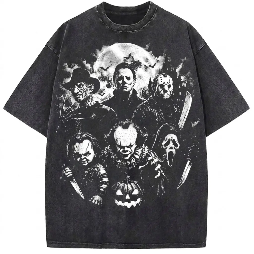 Women's Vintage Classic Halloween Horror Character Washed T-Shirt, Hoodie, Sweater - Spooky Season, Scary Movie, 2026 Halloween - US Size Guide (in, cm Measurements) Fit Tops