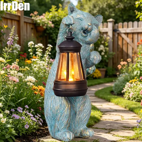 【IrrDen】Solar-Powered Resin Kitten Animal Statue Lantern, Home Decor Accent with Auto-Off Feature, Outdoor Night Lighting Gift Ideas for Mom (Birthday, Housewarming)