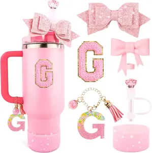 Pink Cup Accessories Set for Stanley 30OZ & 40OZ Tumbler with Handle, Letter Charms, Bow & Diamond Straw Covers, Glitter Silicone Boot, Personalized Sticker for Stanley Cup Accessories (G)