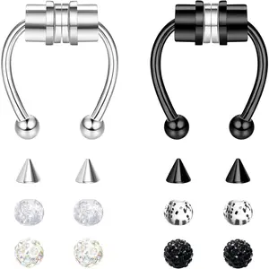 Fake Nose Ring Non-Pierced Clip On Nose Hoop Rings Stainless Steel Magnetic Septum Rings for Women Men