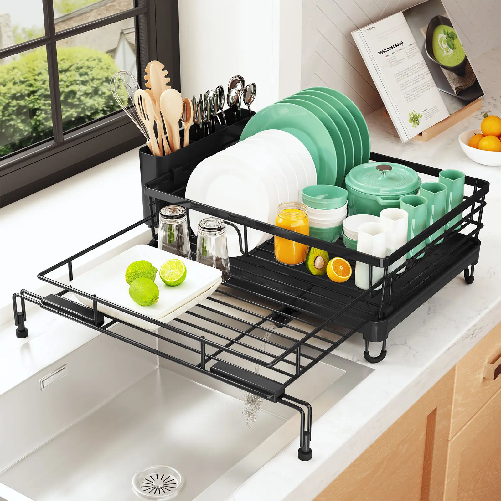 Expandable Black Metal Dish Drying Rack - Kitchenware Drainer with Extendable Design for Kitchen Sink Counter